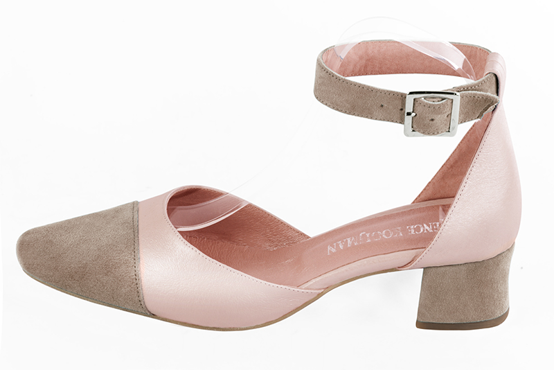 Tan beige and powder pink women's open side shoes, with a strap around the ankle. Round toe. Low flare heels. Profile view - Florence KOOIJMAN